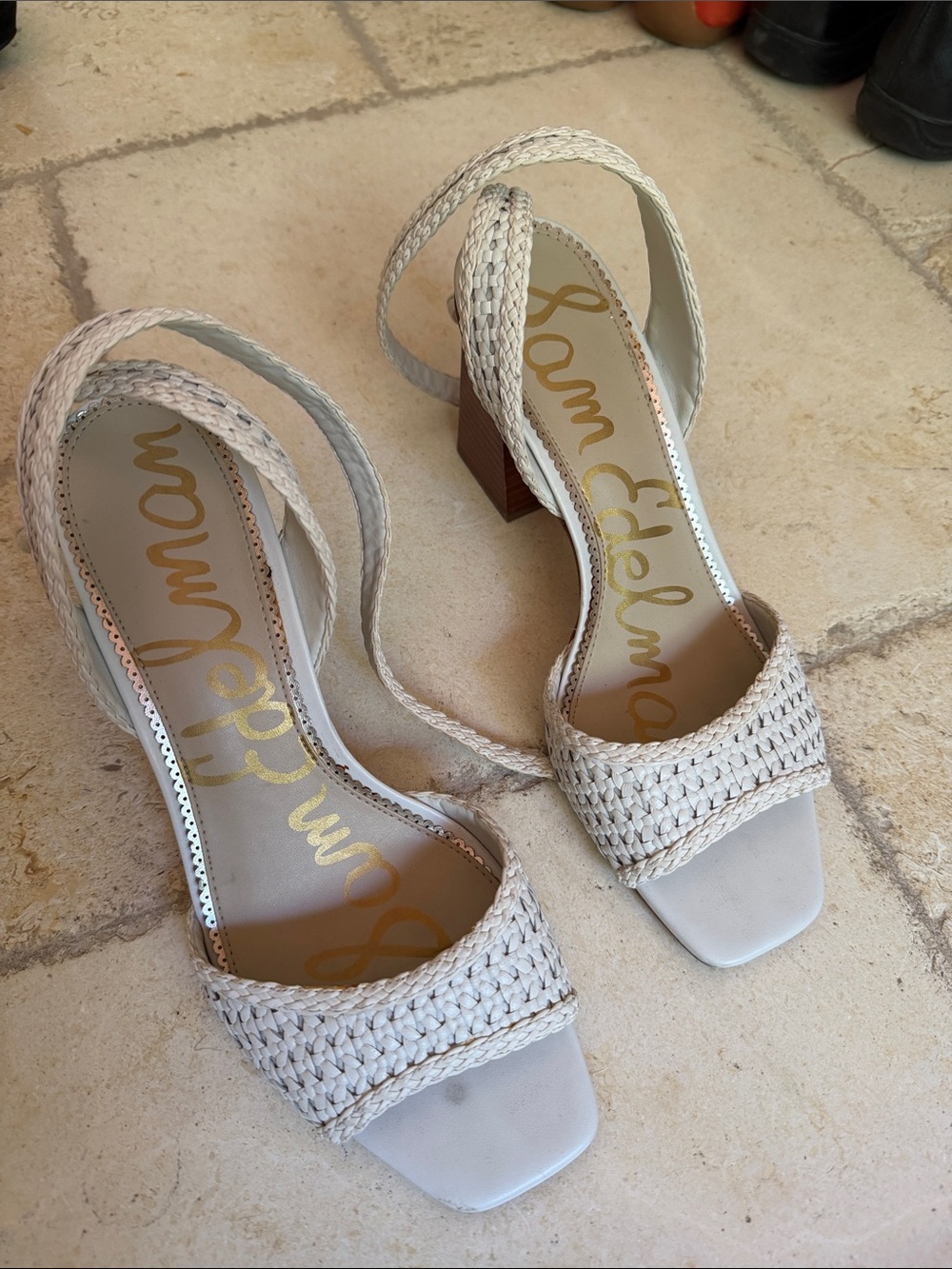 Sam Edelman white Braided Block Heel Sandals with ankle strap.